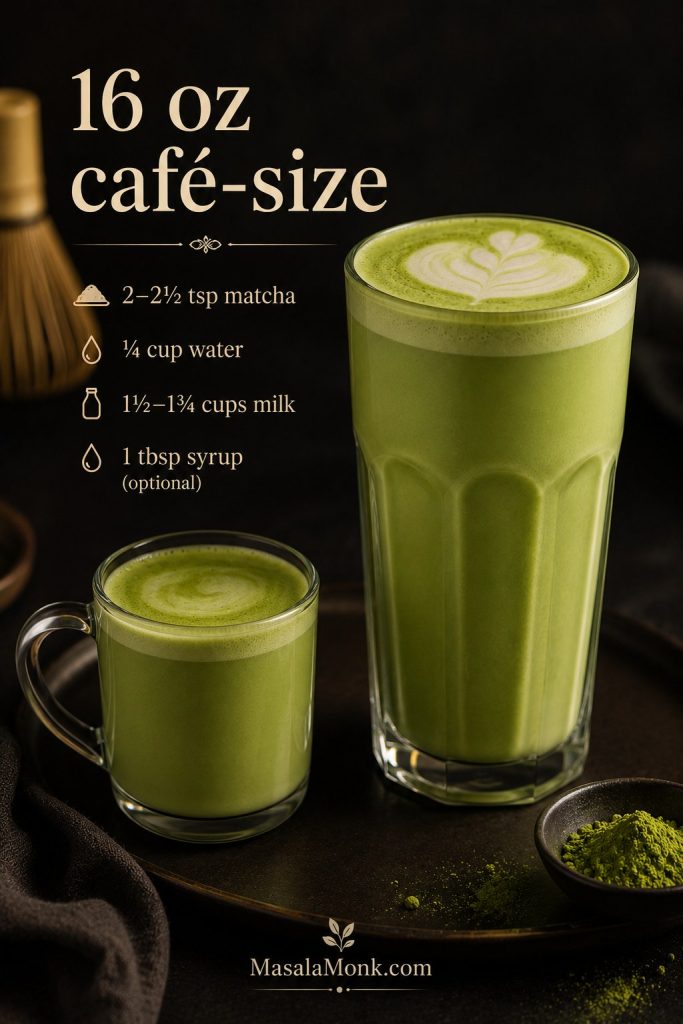 Tall 16 ounce matcha latte beside a smaller mug with matcha, water, milk, and syrup amounts listed.