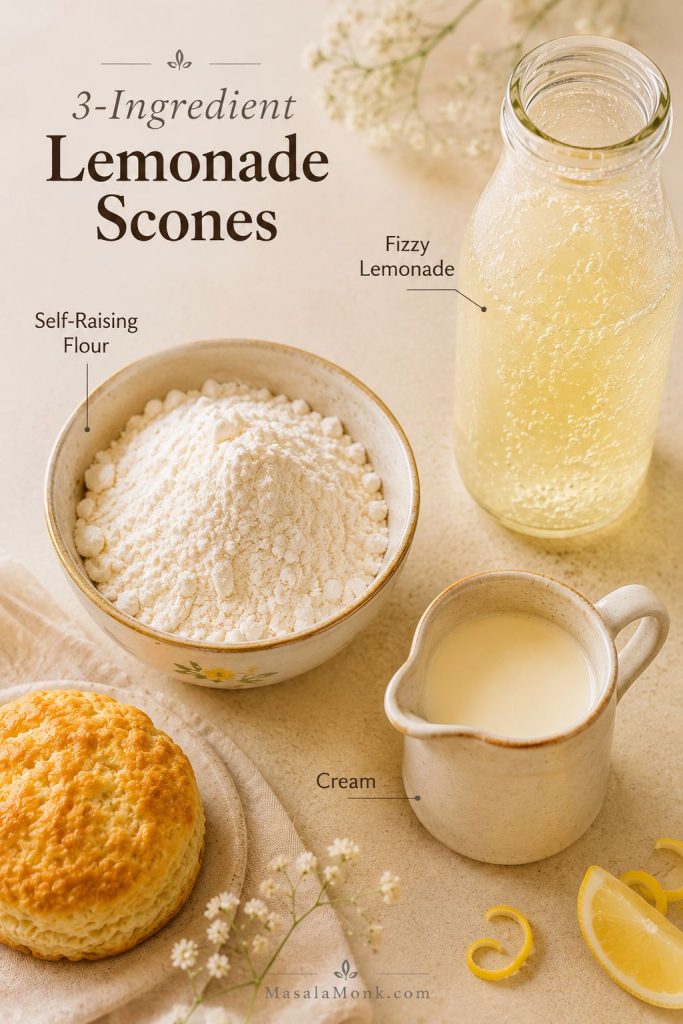 Self-raising flour in a bowl, cream in a small jug, and fizzy lemonade beside a finished scone on a light work surface.