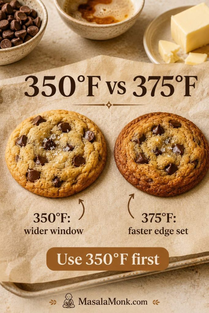 Brown butter chocolate chip cookies compared at 350°F and 375°F, showing a wider bake window versus faster edge setting.