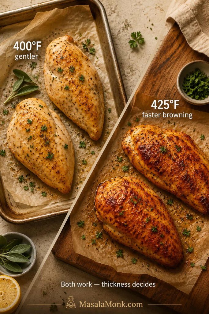 Comparison of baked chicken breast at 400°F and 425°F with gentler baking and faster browning notes.
