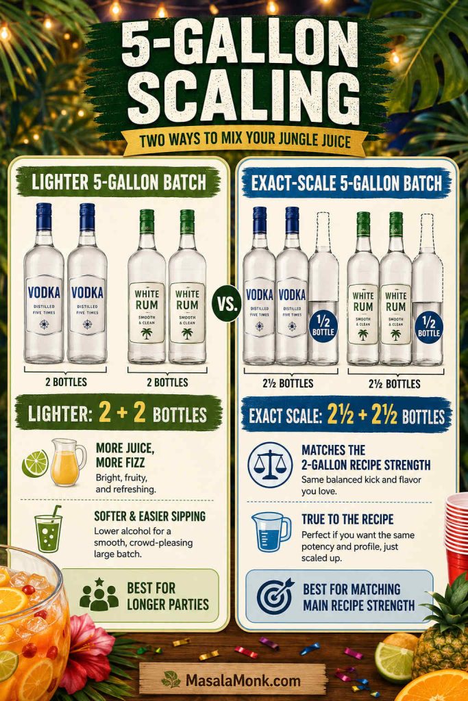 Five-gallon jungle juice scaling guide comparing a lighter batch with 2 bottles of vodka and 2 bottles of rum to an exact-scale batch with 2 and a half bottles of each.