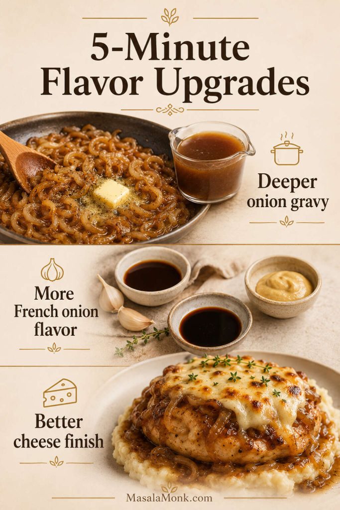 Five-minute flavor upgrades for French onion chicken with sautéed onions, broth, seasonings, and browned cheese finish.