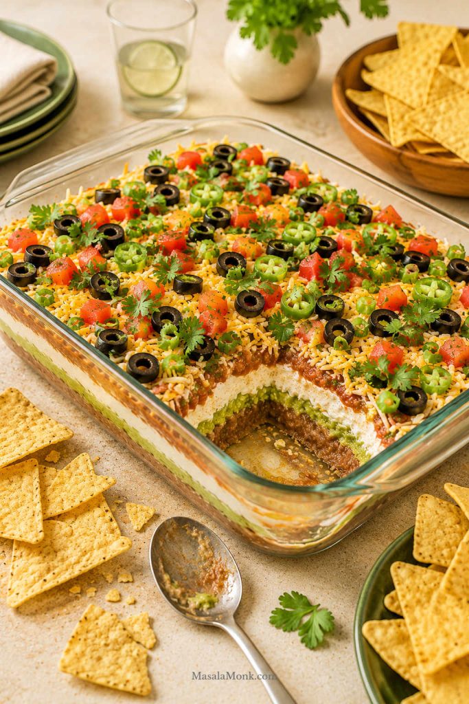 Final serving of 7 layer dip in a clear 9x13 dish with one corner scooped, tortilla chips around the dish, and colorful toppings still visible.