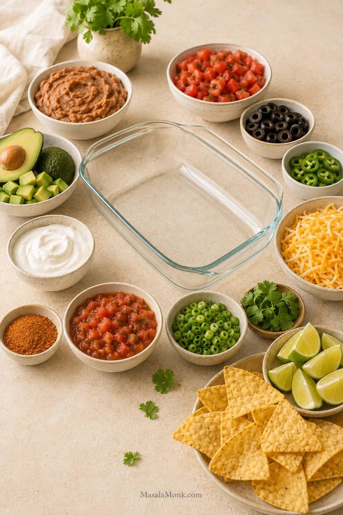 Ingredients for 7 layer dip arranged on a light surface, including refried beans, avocados, sour cream, taco seasoning, salsa, cheese, tomatoes, olives, green onions, jalapeños, lime, cilantro, and tortilla chips.