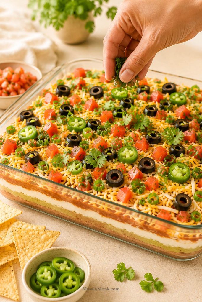 Fresh toppings being added to 7 layer dip, including shredded cheese, diced tomatoes, sliced black olives, green onions, cilantro, and jalapeños.