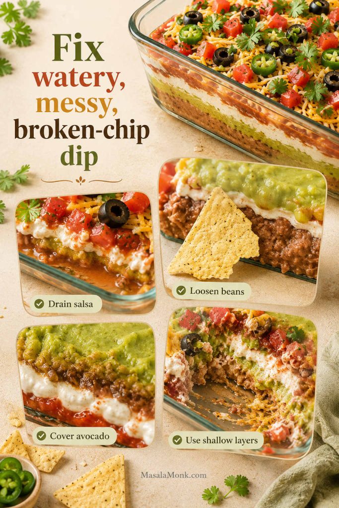 Troubleshooting board for 7 layer dip showing watery salsa, a broken chip, browning avocado, messy layers, and fix labels for draining salsa, loosening beans, covering avocado, and using shallow layers.