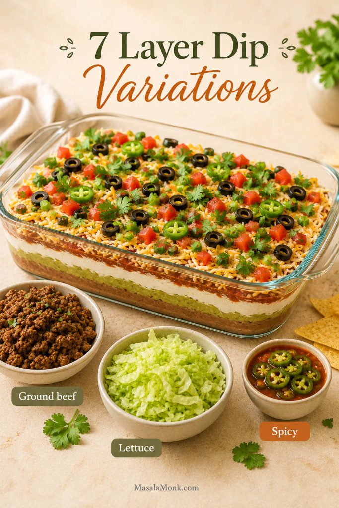 7 layer dip variation scene with a main dip and bowls of ground beef, shredded lettuce, and spicy jalapeño salsa.