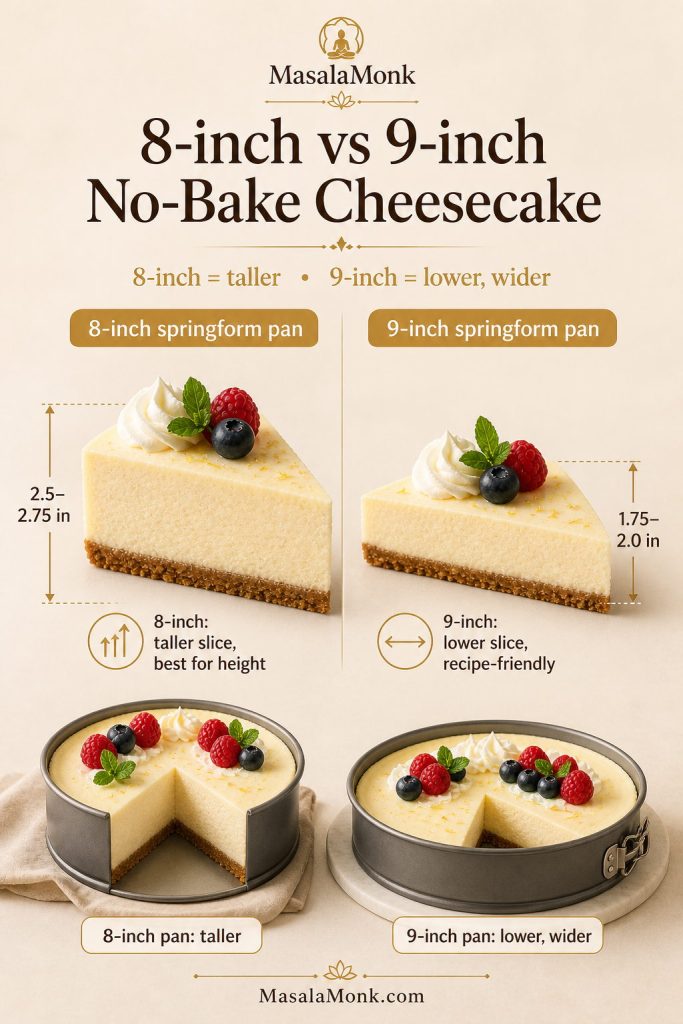 Comparison of 8-inch and 9-inch no-bake keto cheesecakes showing a taller cheesecake and a lower wider cheesecake.