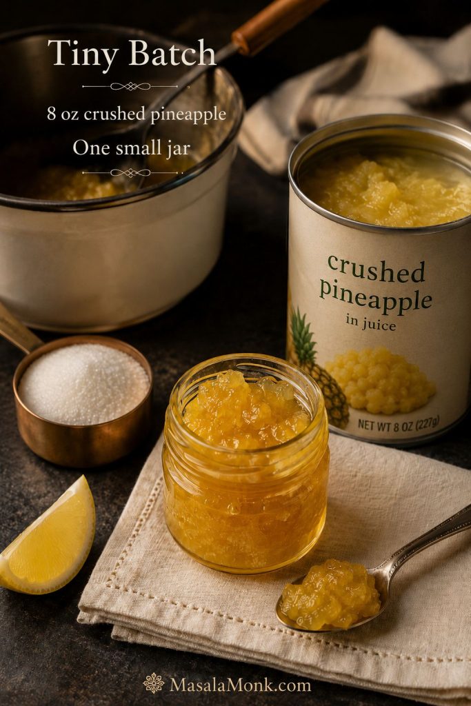 Tiny batch pineapple jam setup with an 8-ounce can of crushed pineapple in juice, small jar, lemon wedge, sugar, and saucepan