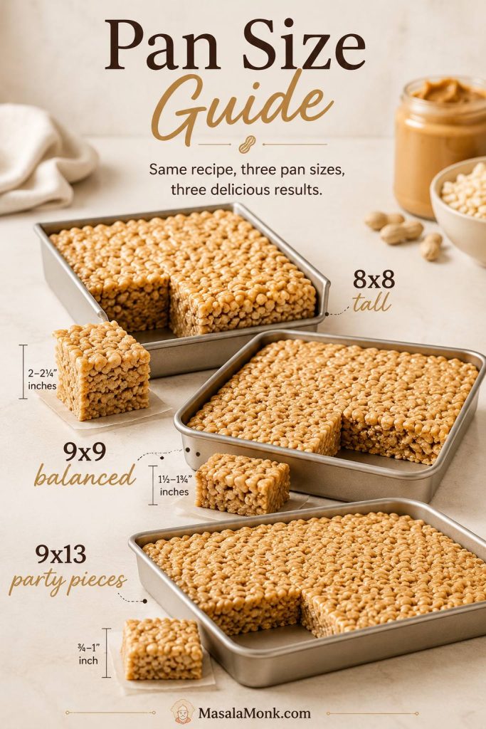 Pan size guide comparing 8x8, 9x9, and 9x13 pans for different rice crispy treat thicknesses.