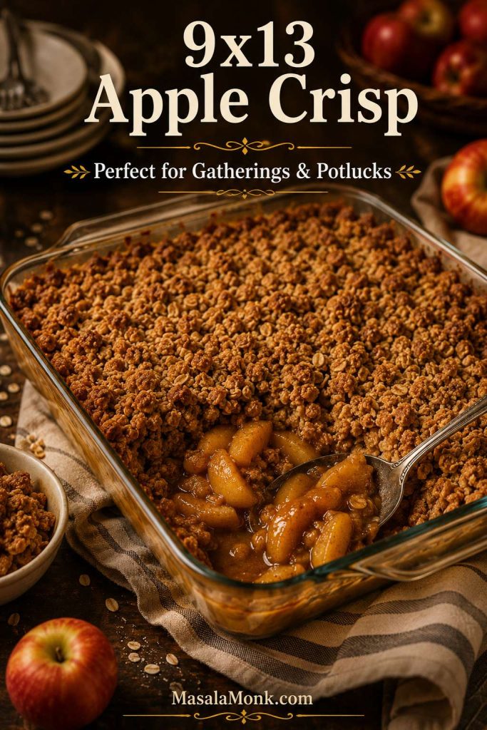 Large 9x13 apple crisp in a glass baking dish with golden oat topping and spooned cinnamon apple filling.