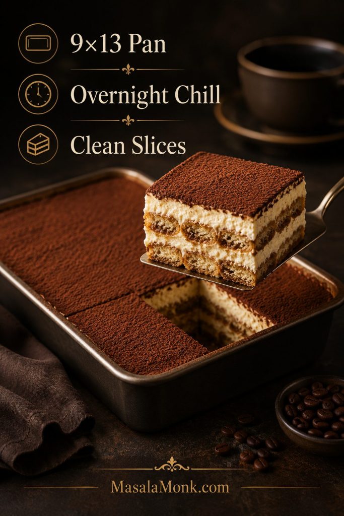 9×13 tiramisu pan with a clean square lifted out, showing cocoa top, mascarpone cream, and ladyfinger layers.