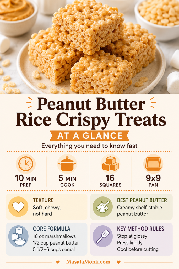 At-a-glance guide for peanut butter rice crispy treats showing prep time, cook time, yield, pan size, texture, core formula, and key method tips.