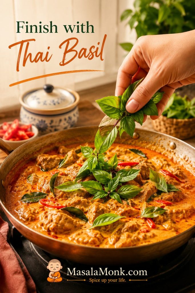 Hand adding Thai basil to finished chicken Panang curry in a pan with red chile and creamy orange-red sauce.