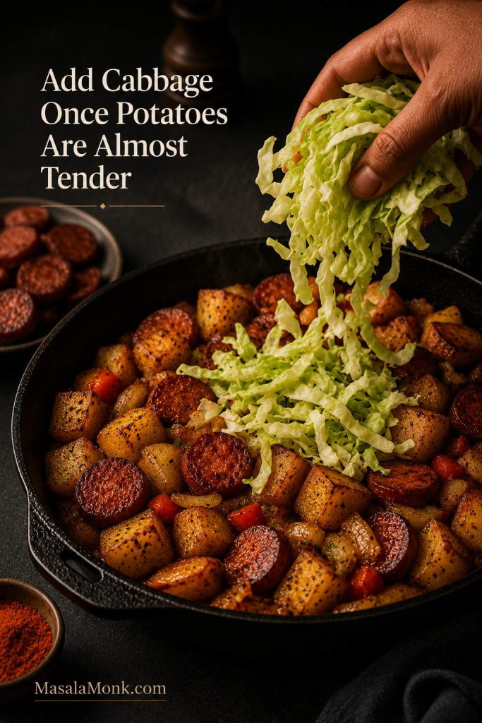 Hand adding sliced cabbage to a skillet of browned potatoes, kielbasa, onions, and peppers.