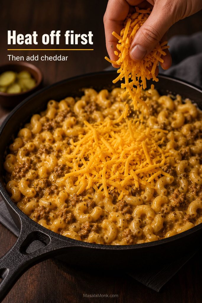 Shredded cheddar being added to hot cheeseburger macaroni after the skillet has been taken off the heat.