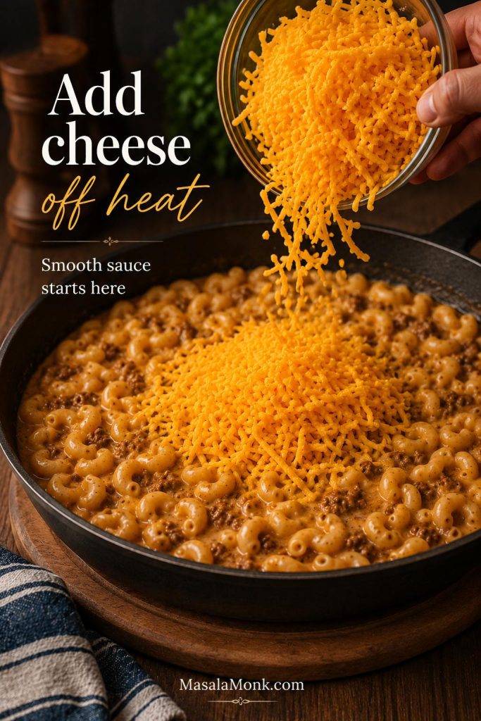 Fresh cheddar being added to homemade Hamburger Helper after the pan has been taken off the heat.