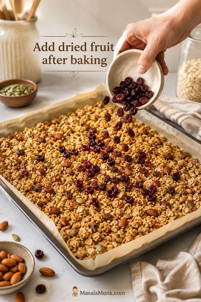 Dried cranberries and raisins being scattered over cooled baked granola on parchment paper.