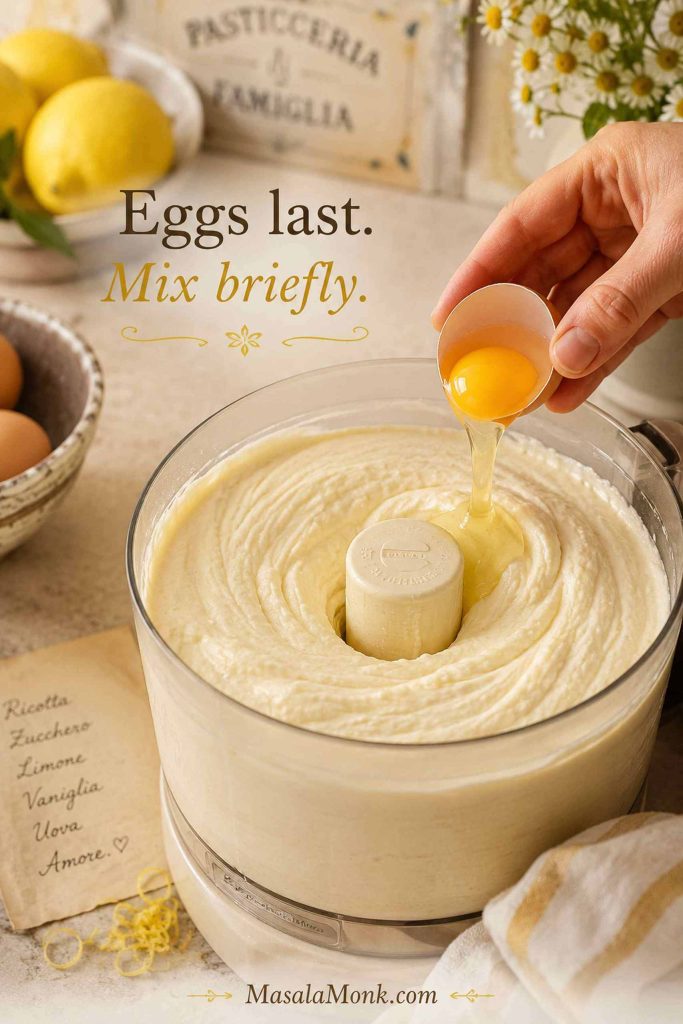 Egg being added gently to smooth ricotta cheesecake batter in a mixing bowl