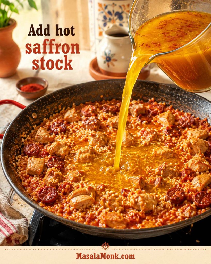 Golden saffron stock being poured into a wide pan with paella rice, browned chicken thigh pieces and chorizo.