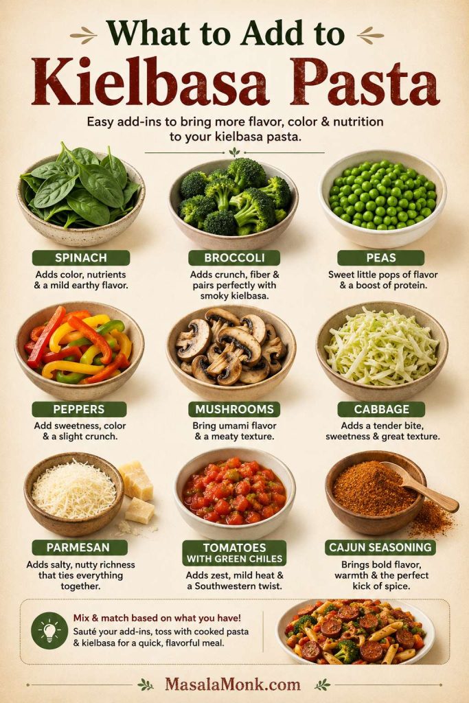 Add-ins guide showing spinach, broccoli, peas, peppers, mushrooms, cabbage, Parmesan, tomatoes with green chiles, and Cajun seasoning for kielbasa pasta.