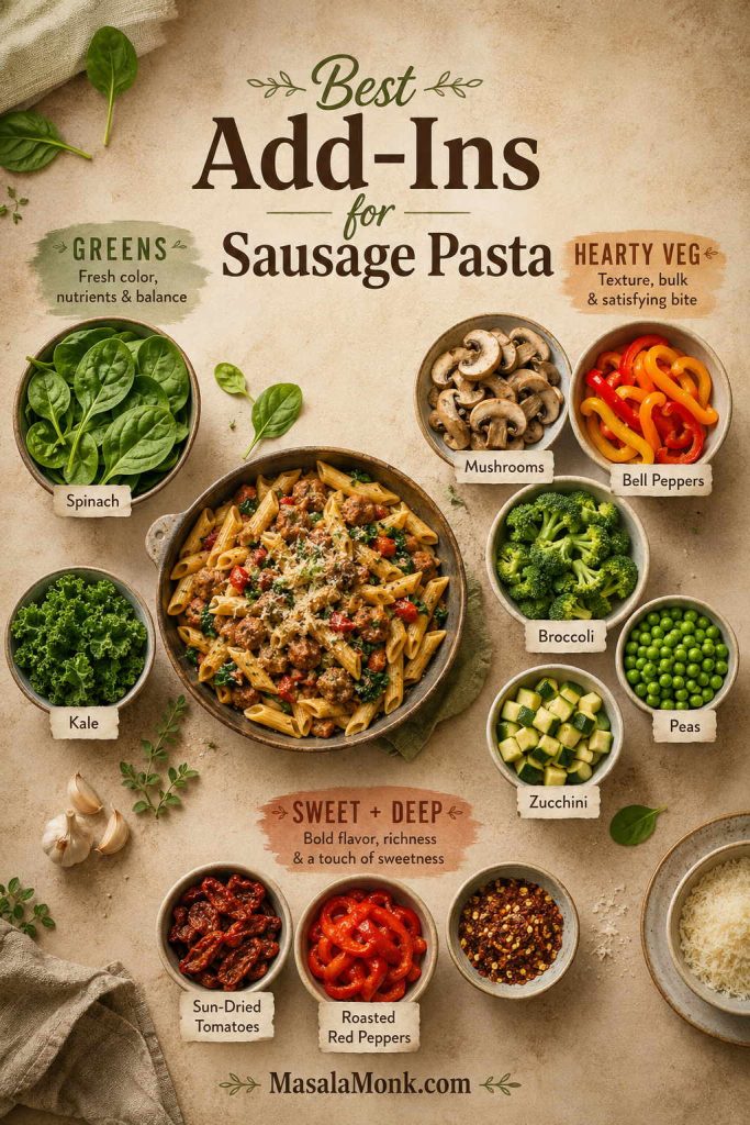 Add-in guide for sausage pasta with spinach, kale, mushrooms, bell peppers, broccoli, peas, zucchini, sun-dried tomatoes, and roasted red peppers.