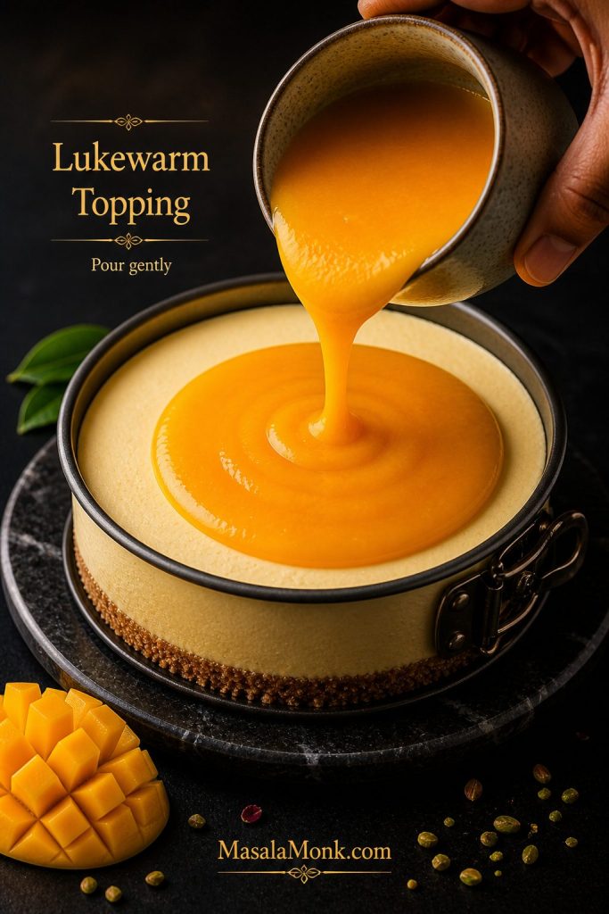 Mango topping being poured gently onto the surface of a chilled cheesecake layer in a pan.