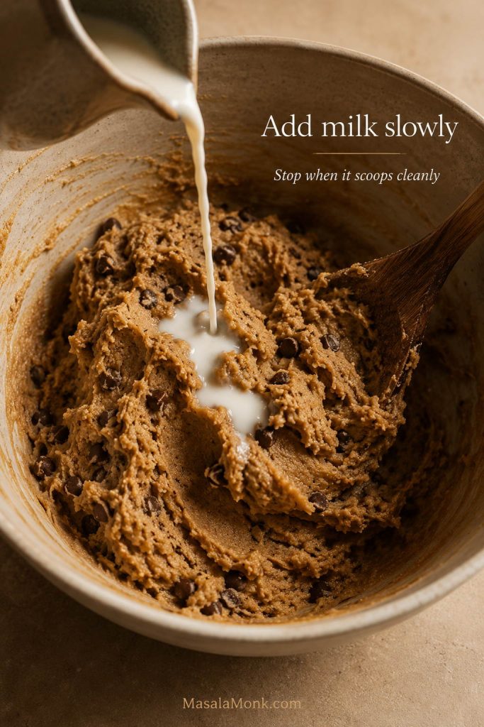 Milk being added slowly to thick protein cookie dough in a mixing bowl to control the final texture