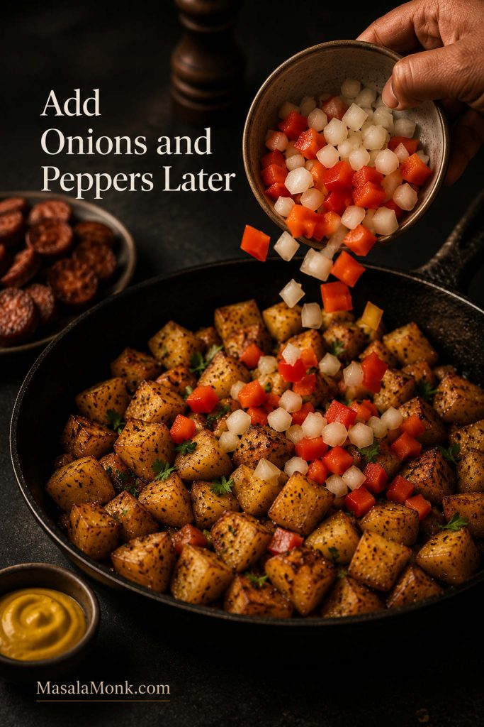 Hand adding sliced onion and bell pepper to a skillet of partially cooked potatoes and kielbasa.