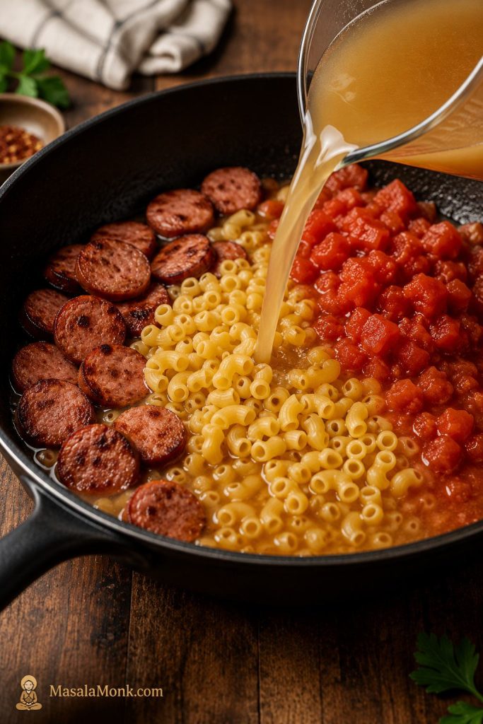 Dry pasta, broth, and diced tomatoes being added to a skillet with browned kielbasa.