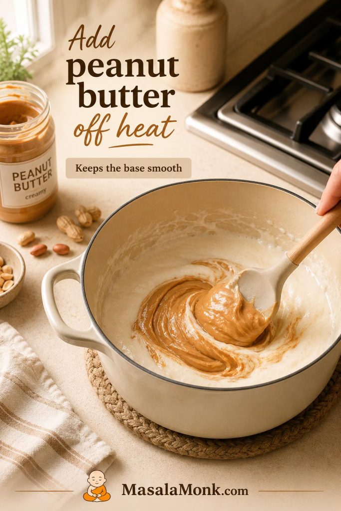 Creamy peanut butter being stirred into melted marshmallows in a pot moved off the heat.