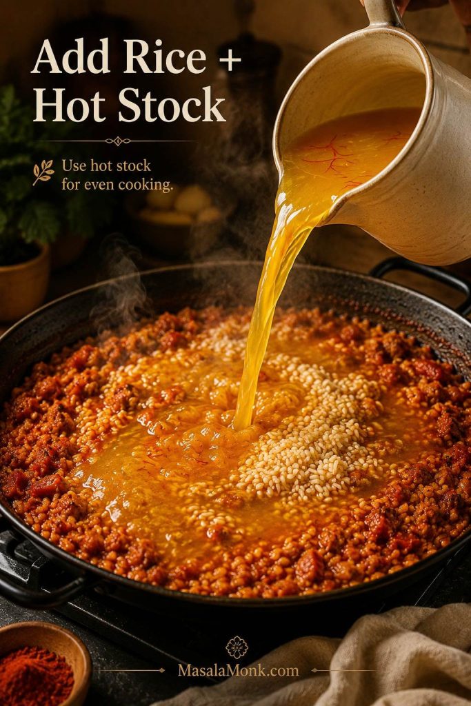 Hot saffron stock being poured into short-grain rice and tomato-paprika sofrito in a wide pan.