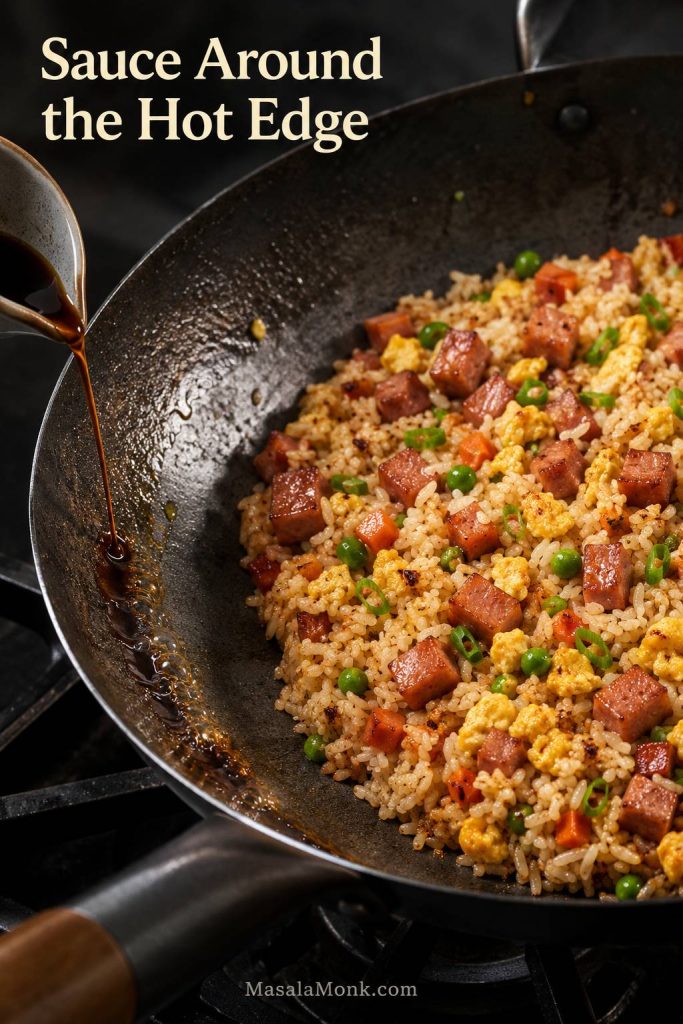 Sauce being poured around the exposed hot edge of a wok while fried rice cooks in the center.
