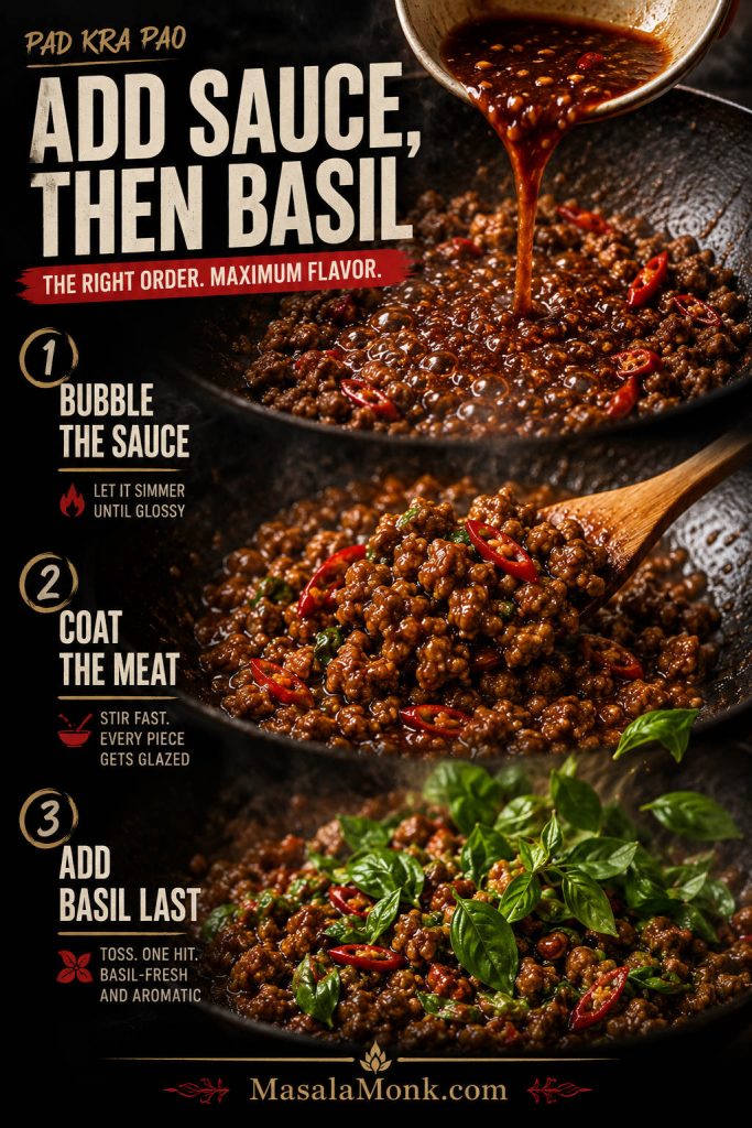 Sequential board showing sauce bubbling into minced meat, coating the meat, and fresh basil added last.