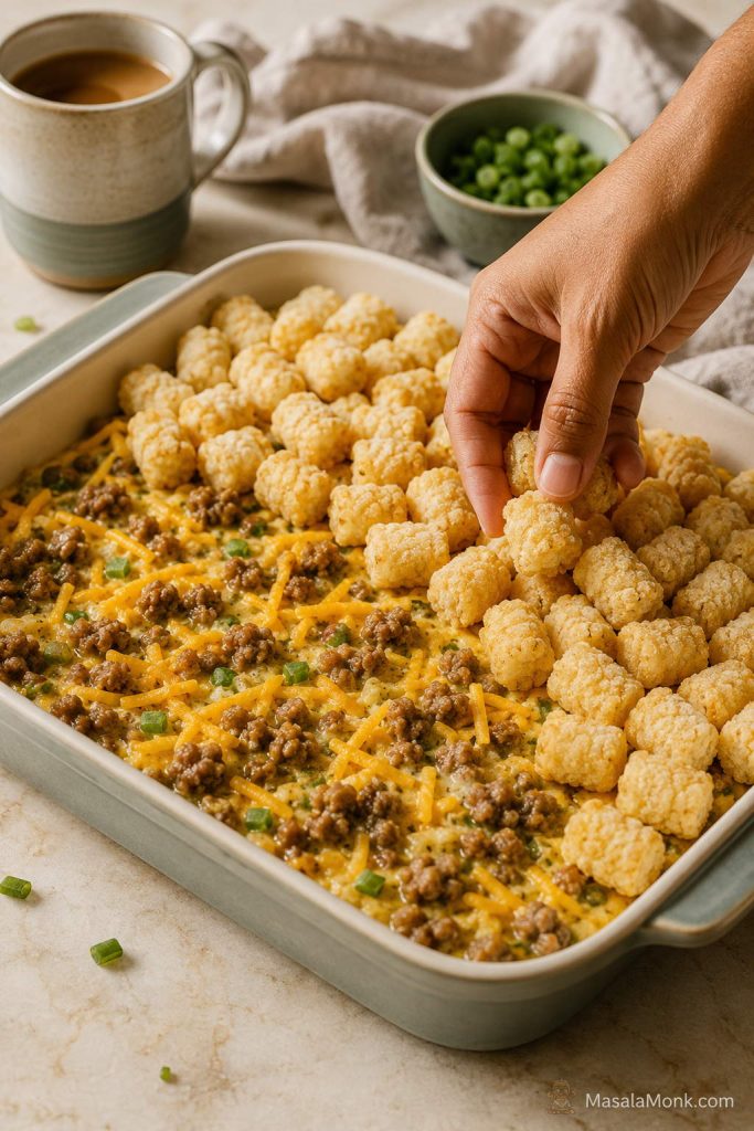 A hand adding frozen tater tots to a prepared breakfast casserole filling in a baking dish.