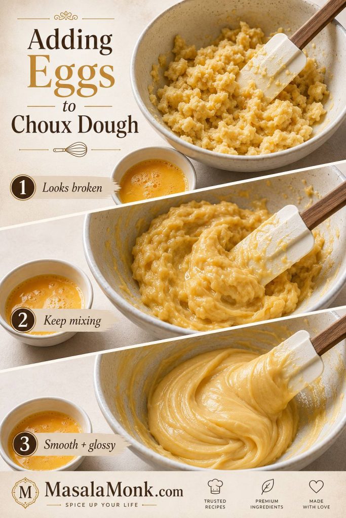 Three stages of adding eggs to choux dough, from broken-looking dough to smooth glossy dough.