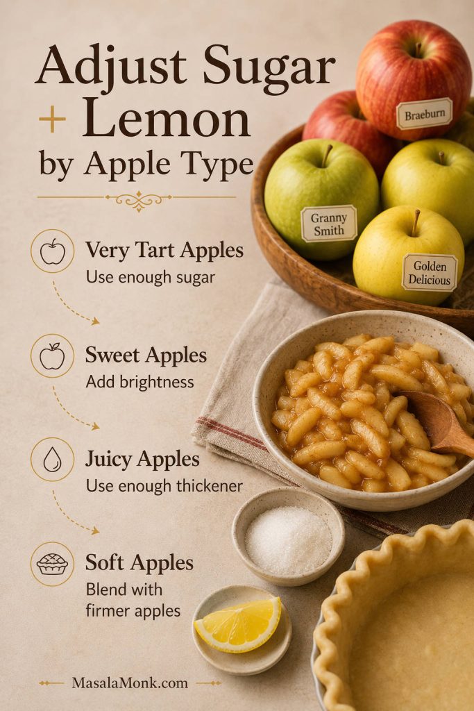 A kitchen guide showing how to adjust sugar, lemon, thickener, or apple blending based on tart, sweet, juicy, or soft apples.