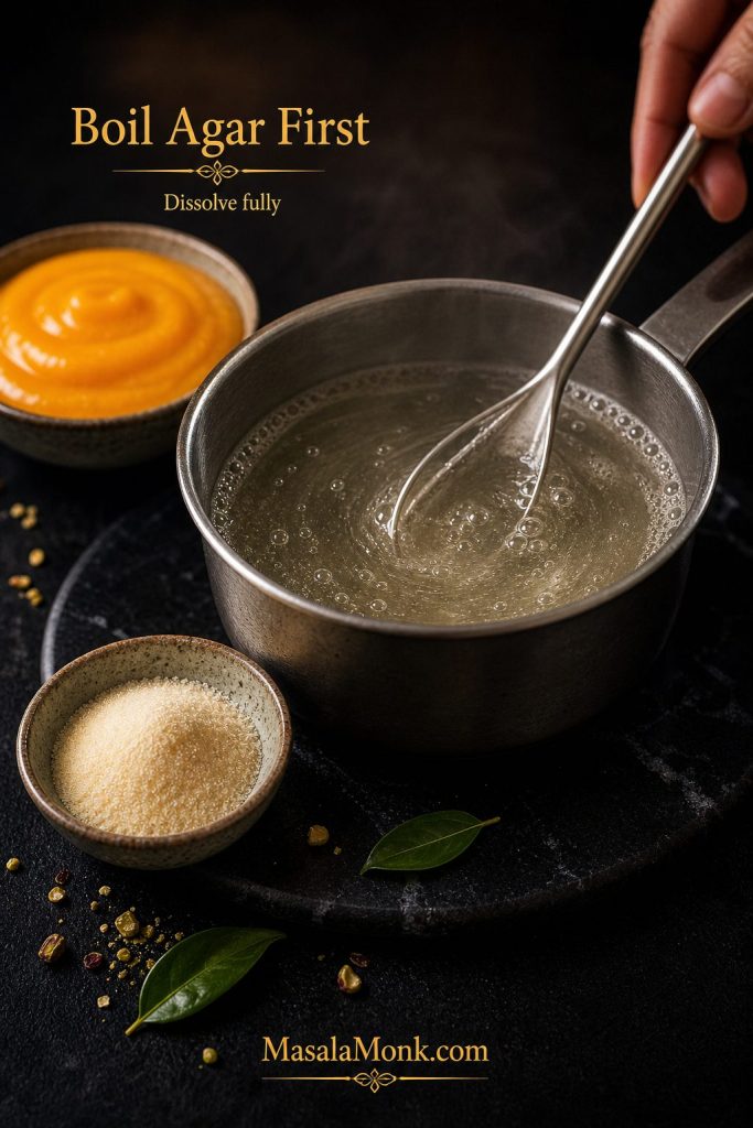 Small saucepan with agar agar mixture simmering, with a bowl of mango puree and agar powder nearby.