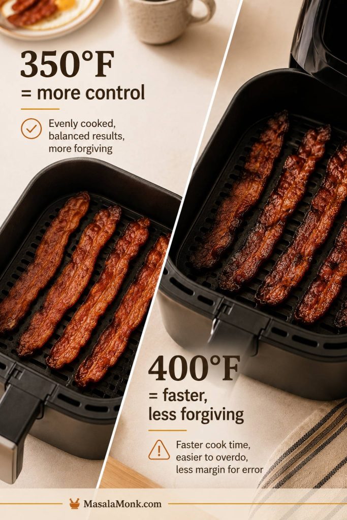 Comparison of air fryer bacon cooked at 350°F versus 400°F, with the 350°F side showing more even rendering.