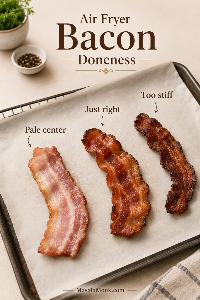 Air fryer bacon doneness guide with three strips labeled pale center, just right, and too stiff.