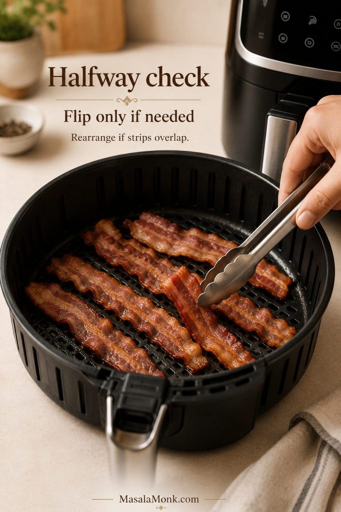 Tongs checking and rearranging bacon halfway through cooking in an air fryer basket.