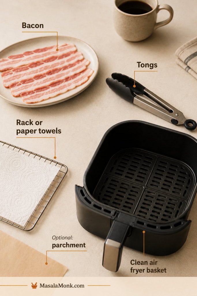 Air fryer bacon setup with bacon, tongs, rack or paper towels, parchment, and a clean air fryer basket.