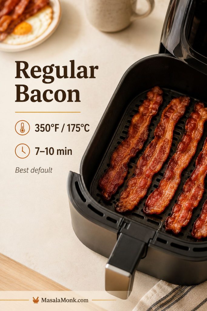 Air fryer basket with crisp bacon and a quick answer showing regular bacon cooked at 350°F for 7 to 10 minutes.