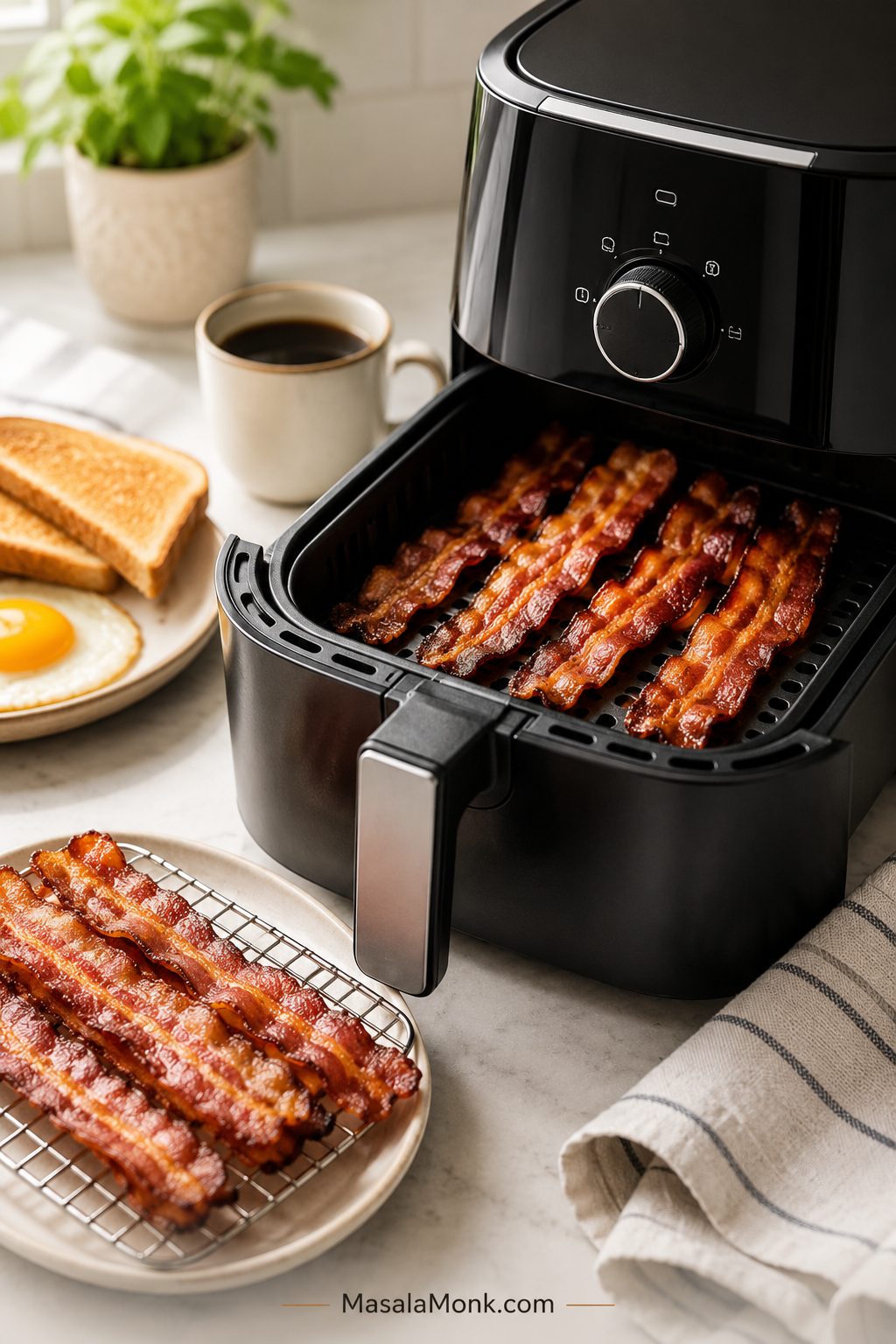 Air fryer basket filled with crisp cooked bacon, with more bacon resting on a rack beside a breakfast plate.