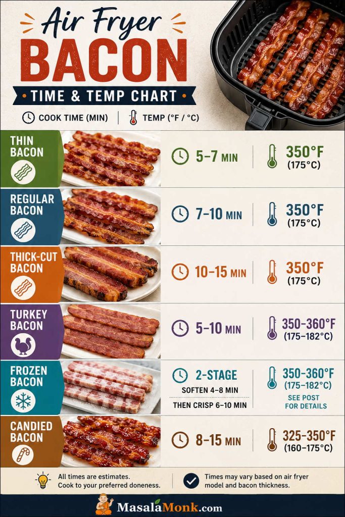 Air fryer bacon time and temperature chart for thin, regular, thick-cut, turkey, frozen, and candied bacon.