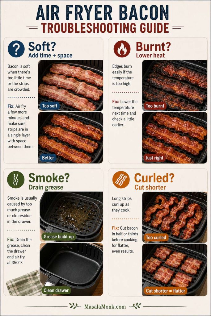 Air fryer bacon troubleshooting guide with fixes for soft bacon, burnt bacon, smoke, and curled strips.