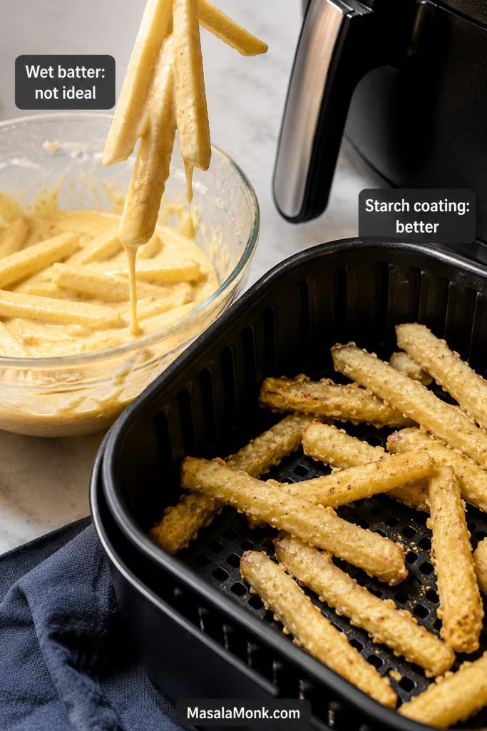 Wet battered fries compared with starch-coated fries in an air fryer basket.