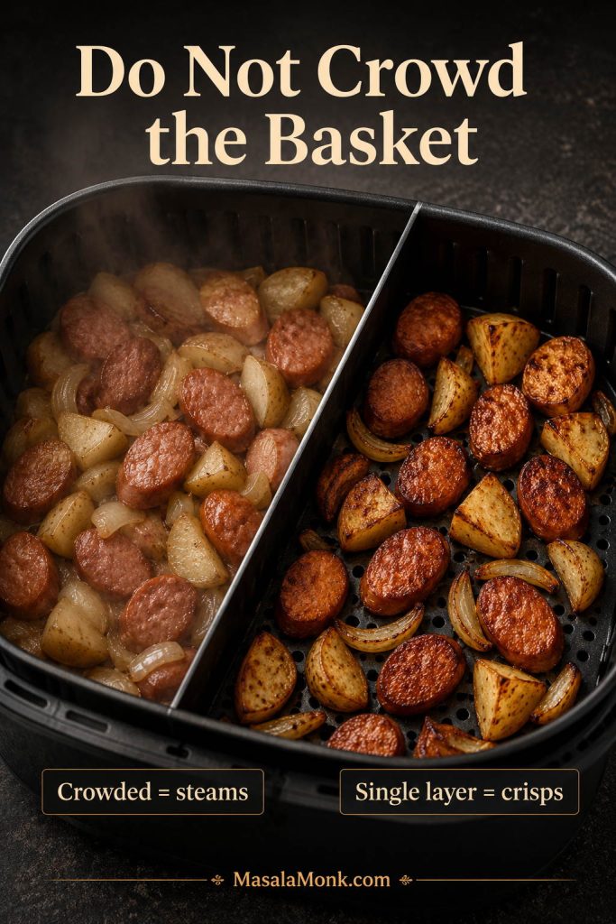 Air fryer comparison showing a crowded basket and a single-layer basket for kielbasa and potatoes.