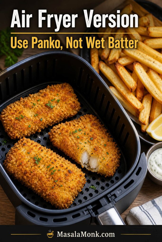 Panko-coated fish and chips in an air fryer basket for air fryer fish and chips.