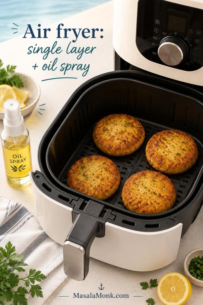 Four fish cakes cooked in a single layer in an air fryer basket with oil spray nearby